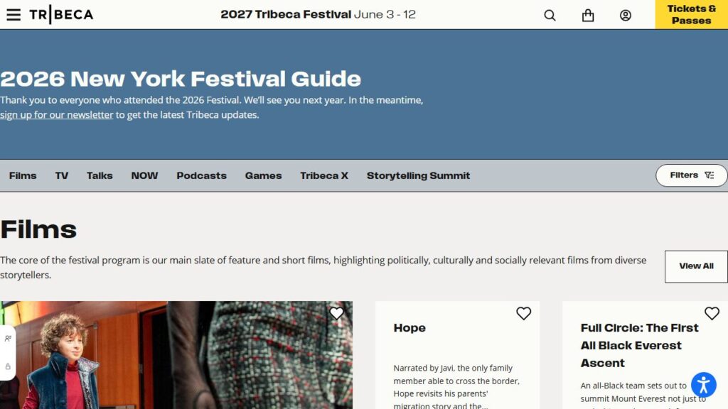 トライベッカ映画祭 公式サイトのトップページ